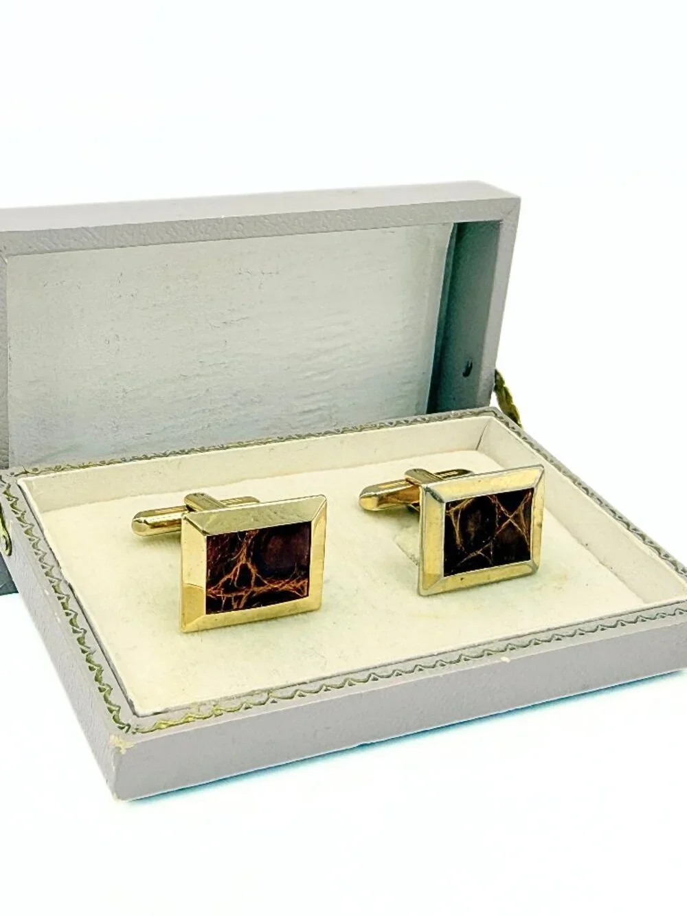 Hickok Signed MCM Brown Crocodile skin Leather Gold Plate Cufflinks